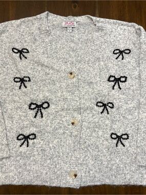 Soft Gray Bow-Embellished Cardigan Sweater